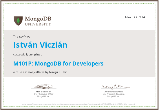 M101P: MongoDB for Developers
certificate
